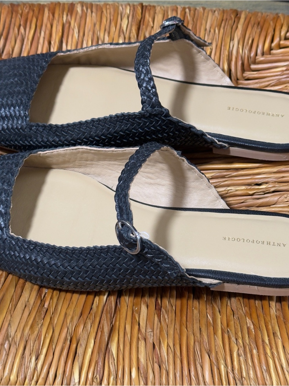 Anthropologie Black Woven Mary Jane Flats with Buckle Strap